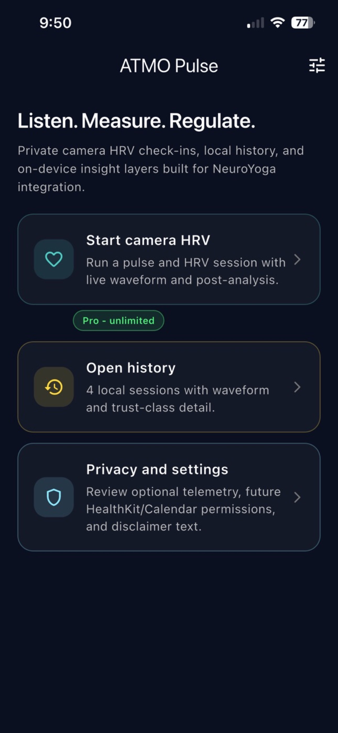 ATMO Pulse – Dashboard screen